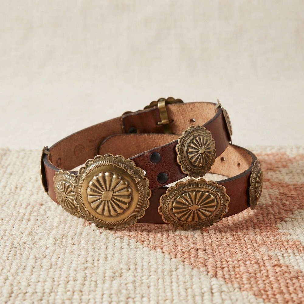 Genuine Leather Concho Belt, Handcrafted in USA, Brass Boho Western Adjustable